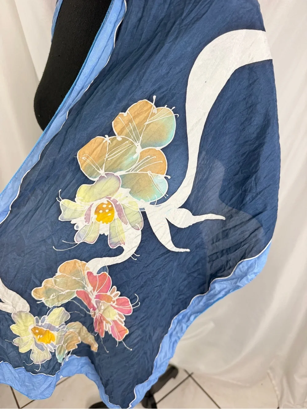 Vintage Floral Bird Print Oversized Scarf Blue Square Wrap Shawl Cottagecore
